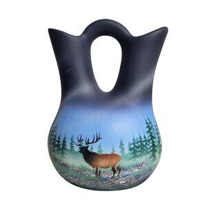 Navajo Cedar Mesa Wedding Vase Dark Blue Elk Eagle Mountain  Signed Benally Dine